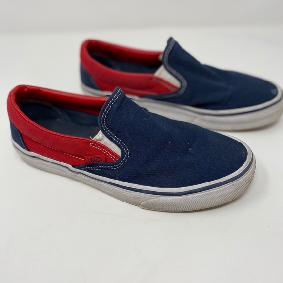 red and blue vans slip ons